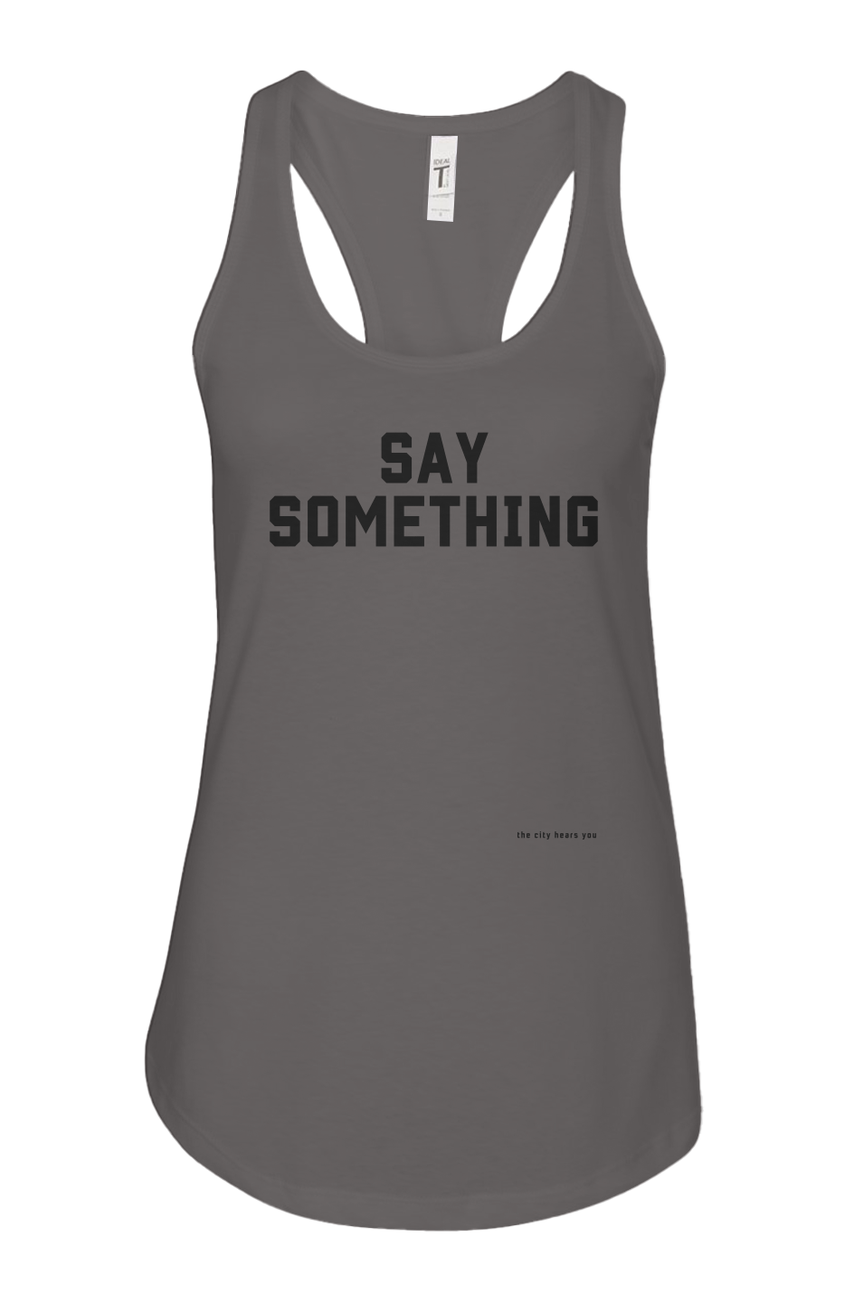 Say Something Tank in Boston edition – bold text design on lightweight, modern cut