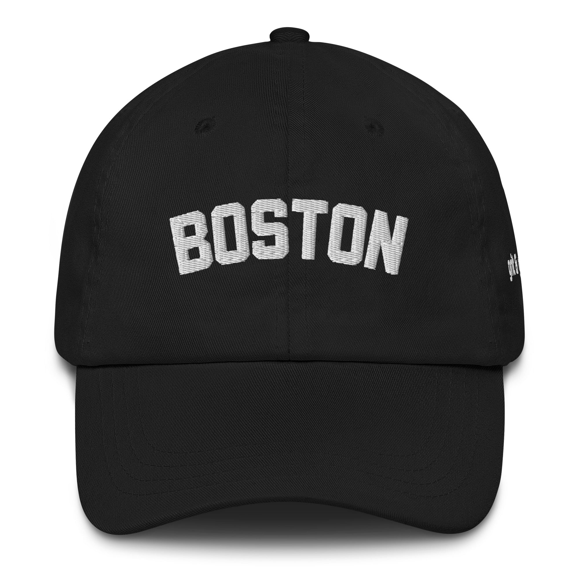 Washed black unstructured cap with ‘BOSTON’ embroidered on the front and ‘Grit & Grace’ on the side.